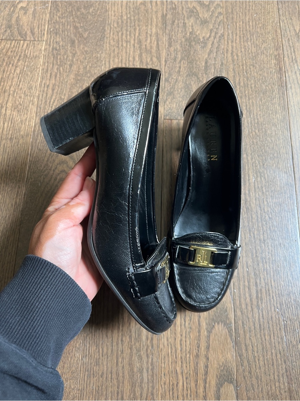 Ralph Lauren Black Leather Block Heel Loafers with Gold RL Accent size 6.5